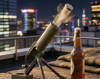 Abrebotellas con forma de mortero, lanzador de tapas de cerveza original, decoración para camping y bar, un regalo divertido para los amantes de la cerveza y los entusiastas de las actividades al aire libre.