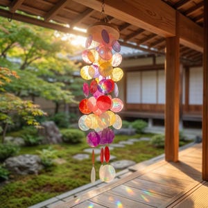 Campana de viento artesanal de conchas de capiz - Decoración costera iridiscente - Adorno de pared estilo boho - Elemento decorativo para jardín zen - Regalo único para amantes de la playa