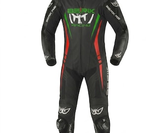 Macacão de couro artesanal estilo BERIK para motociclismo, masculino, nas cores preto, vermelho e verde. Equipamento de pilotagem durável.