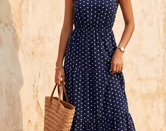 Elegant Navy Blue Polka Dot Tiered Maxi Dress, Sleeveless Boho Summer Sun Dress, Flowy Modest Classic Vintage Style Chic Long Dress Women