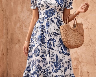 Blue Floral Wrap Midi Dress, Coastal Boho Summer Sun Dress, Elegant Puff Sleeve Wedding & Vacation, Blue and White Ruffle A-Line Boho Dress