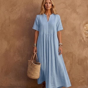 Boho maxiklänning veckad sommarkaftan, lös passform resortkläder broderad tunikaklänning, elegant långklänning semesterstil outfit