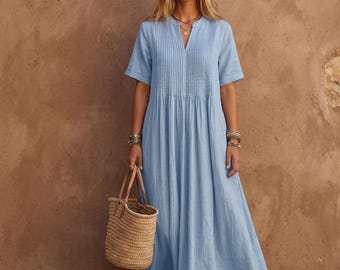 Boho Linen Maxi Dress Pleated Summer Kaftan, Loose Fit Resort Wear Embroidered Tunic Gown, Elegant Long Dress Vacation Style Outfit