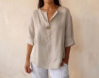 Loose Fit Linen Shirt with Button Detail, Roll-Up Sleeve Summer Tunic, Lightweight Boho Blouse, Eco Natural Fabric Top, Gift for Her