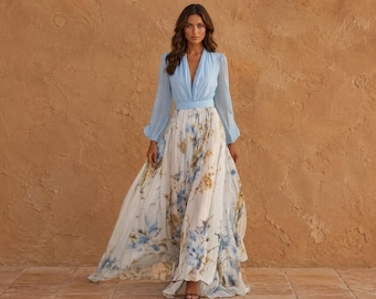 Sky Blue Chiffon Maxi Dress, Floral Boho Dress, Long Sleeve Flowing Dress, Elegant Spring Summer Dress, Bridesmaid Dress, Cottagecore Outfit