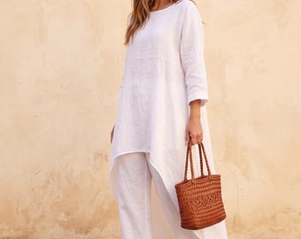 Luxury Linen High-Low Tunic Dress, Effortless Mediterranean Chic Lifestyle, Natural White Holiday Dress Set