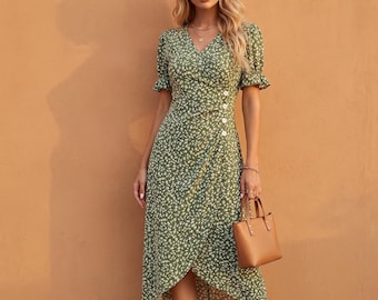 Green Floral Wrap Midi Dress with Puff Sleeves, Flattering V-Neck Ruched Summer Wedding Guest & Garden Party Dress, Elegant Boho Sun Dress
