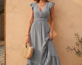 Grey Smocked Maxi Dress, Flutter Sleeve V-Neck Tiered Summer Dress