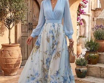 Sky Blue Chiffon Maxi Dress, Floral Boho Dress, Long Sleeve Flowing Dress, Elegant Spring Summer Dress, Bridesmaid Dress, Cottagecore Outfit