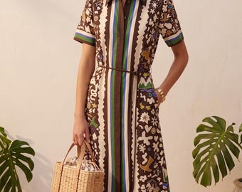 Luxury Artisanal Print Maxi Boho Resort Dress, Exotic Narrative Print, High-End Summer Holiday Statement Dress with Waist Tie Maxi Dress