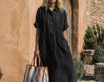 Linen Maxi Shirt Dress for Women, Short Sleeve Button Down Summer Dress, Bohemian Casual Loose Fit Long Dress, Resort Style Wear, Black