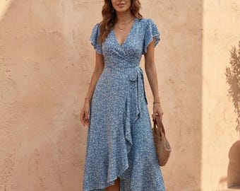 French Floral Blue Wrap Dress, Summer Midi Dress with Flutter Sleeves, Boho Cottagecore Ruffle Sun Dress