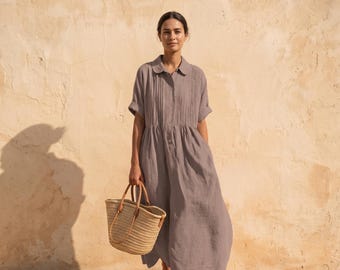 Linen Maxi Shirt Dress for Women, Short Sleeve Button Down Summer Dress, Bohemian Casual Loose Fit Long Dress, Resort Style Wear, Khaki
