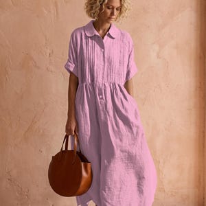 Linen Maxi Shirt Dress for Women, Short Sleeve Button Down Summer Dress, Bohemian Casual Loose Fit Long Dress, Resort Style Wear, Pink