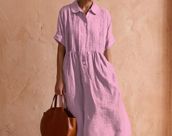Linen Maxi Shirt Dress for Women, Short Sleeve Button Down Summer Dress, Bohemian Casual Loose Fit Long Dress, Resort Style Wear, Pink