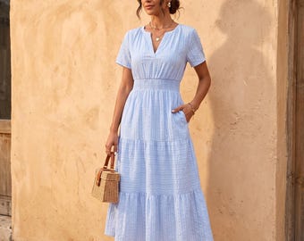 Light Blue Summer Dress for Women, Tiered Midi Sun Dress, Smocked Waist Boho Chic Outfit, Short Sleeve Cotton Texture Casual Dress