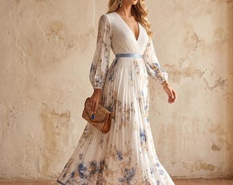 Floral Watercolour Pleated Maxi Dress with Bishop Sleeves, Elegant V-Neck Wedding Dress, Luxurious Airy Fabric Evening Wear