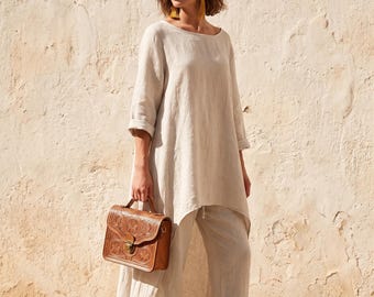 Luxury Linen High-Low Tunic Dress, Effortless Mediterranean Chic Lifestyle, Natural Oat Holiday Dress Set