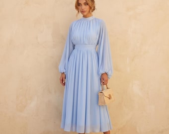 Light Blue Bishop Sleeve Midi Dress, Boho A-Line Linen Sewing Pattern, Summer Puff Sleeve Blouse, Long Sleeve Chiffon Style Midi Tunic