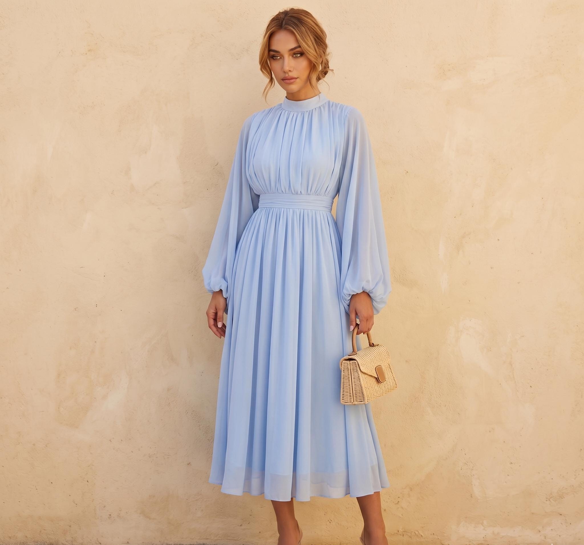 light blue flowy dress long sleeve Long Sleeves V Neck Light Blue Tulle Long Prom Dresses, Long Sleeves B –  Eip Collection main image 1