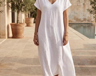 Linen White Dress, Premium Tencel Twill Summer Style, Relaxed Fit Ladies Tank Dress, Breathable Boho Sleeveless Midi, Elegant Coastal Outfit