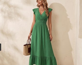 Emerald Green Smocked Maxi Dress, Flutter Sleeve V-Neck Tiered Summer Dress