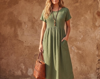 Pure Linen Short-Sleeve Summer Dress Boho Chic Minimalist Sundress Sustainable Natural Fiber Breathable Midi Dress Apparel