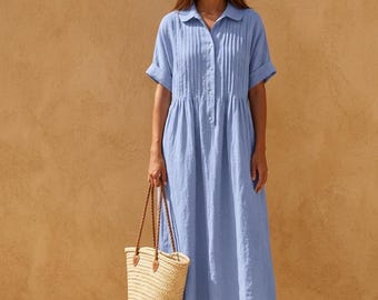 Linen Maxi Shirt Dress for Women, Short Sleeve Button Down Summer Dress, Bohemian Casual Loose Fit Long Dress, Resort Style Wear, Blue