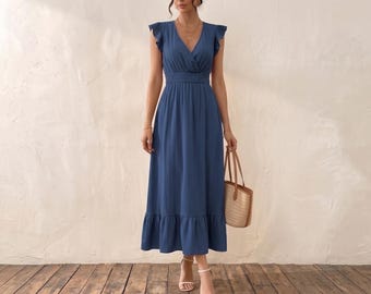 Elegant Navy Blue Flutter Sleeve Midi Dress, Smocked Waist Boho Wrap Dress