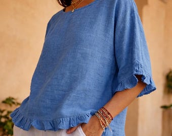Sky Blue Linen Cotton Ladies Shirt, Short-Sleeved Coastal Blouse, Relaxed Button-Up Light Top, Breathable Loose Fit Summer Casual Pastel Top