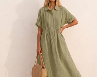 Linen Maxi Shirt Dress for Women, Short Sleeve Button Down Summer Dress, Bohemian Casual Loose Fit Long Dress, Resort Style Wear, Sage-Green
