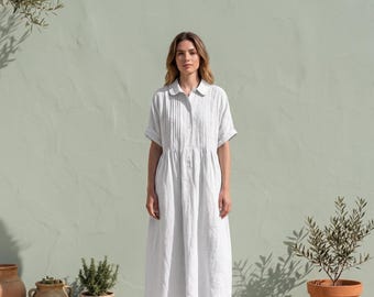 Linen Maxi Shirt Dress for Women, Short Sleeve Button Down Summer Dress, Bohemian Casual Loose Fit Long Dress, Resort Style Wear, White