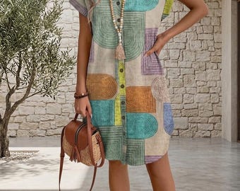 Vintage 60s Style Geometric Shift Dress, Boho Print Mod Mini, Retro Geometric Summer Tunic & Casual Outfit, Lightweight Women’s Day Dress