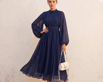 Navy Bishop Sleeve Midi Dress, Boho A-Line Linen Sewing Pattern, Summer Puff Sleeve Blouse, Long Sleeve Chiffon Style Midi Tunic
