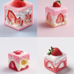 Puede incluir: Cuatro postres en forma de cubo con relleno de fresas y crema. Cada postre tiene una fresa fresca encima. Los cubos son rosas y blancos, con capas visibles de bizcocho, crema y fresas en rodajas.