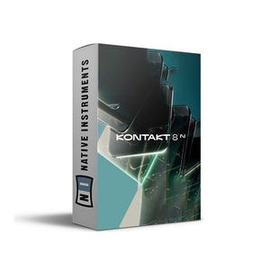 Może przedstawiać: Pudełko produktu dla oprogramowania Kontakt 8 firmy Native Instruments. Pudełko ma abstrakcyjny design w kolorze turkusowym i czarnym z tekstem "KONTAKT 8" i "NATIVE INSTRUMENTS". Bok pudełka jest jasnoszary z pionowo wydrukowanymi słowami "NATIVE INSTRUMENTS".