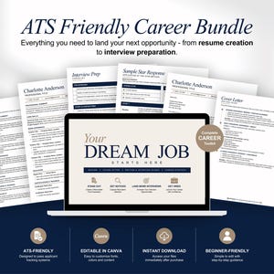 Könnte beinhalten: Ein digitales Karriere-Paket mit einem Laptop, der den Text Your DREAM JOB STARTS HERE anzeigt, umgeben von verschiedenen Dokumentvorlagen wie Lebensläufen, Anschreiben und Leitfäden zur Vorbereitung auf Vorstellungsgespräche in Dunkelblau und Weiß.
