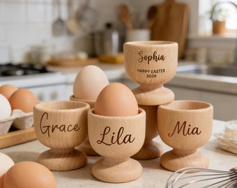 Personalized Wooden Egg Cups with Custom Name, Easter Egg Holders, Spring Decor for Breakfast Table & Easter Celebrations