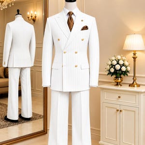 Traje de hombre blanco de doble botonadura con raya diplomática, esmoquin formal de lujo para bodas, traje de 2 piezas hecho a medida, traje de negocios para novio, atuendo hecho a mano,