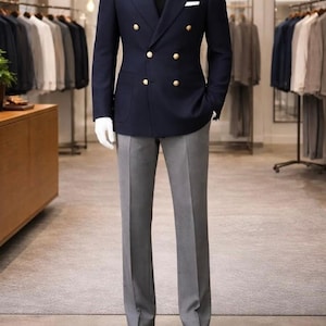 Navy Double Breasted Blazer, Gold Button Formal Jacket, Custom Tailored Groom Suit