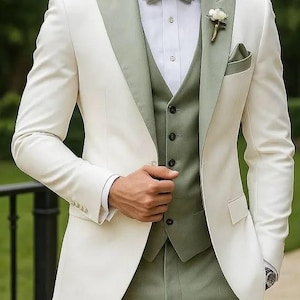 Marynarka w kolorze kości słoniowej, szałwiowo-zielony, 3-częściowy garnitur ślubny, smoking pana młodego, dopasowany krój, strój na bal maturalny
