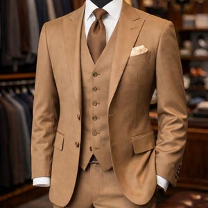 Traje de tres piezas color beige, corte ajustado, elegante, formal, para bodas y negocios.