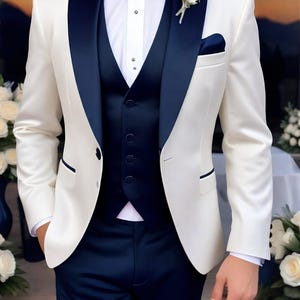 Ivory Blue Satin Revers Smoking, Maßgeschneiderte 3-teilige Herren Abendgarderobe