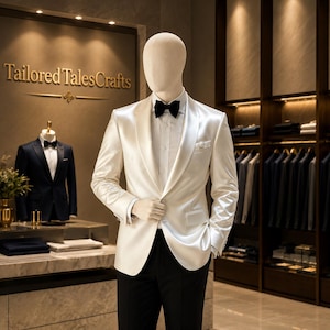 Luxury White Satin Tuxedo Jacket for Men, Shawl Lapel Wedding Blazer, Groom Dinner Jacket, Formal Prom Suit Coat, Black Bow Tie Tuxedo,