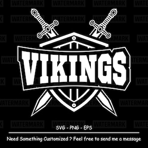 Peut inclure: Un graphisme blanc sur fond noir représentant le mot VIKINGS en lettres capitales grasses. Le design comprend un emblème de bouclier placé derrière le texte et deux épées croisées situées derrière le bouclier. Le texte SVG - PNG - EPS est visible en bas.