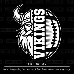 Könnte beinhalten: Ein schwarz-weißes Grafikdesign mit einem geteilten Bild eines Wikingerkriegers mit gehörntem Helm auf der linken Seite und einem Football auf der rechten Seite. Das Wort VIKINGS steht vertikal in fetten, weißen Großbuchstaben in der Mitte.