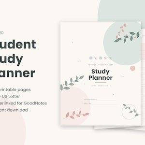 Peut inclure: Un planificateur d'études pour étudiant non daté avec 25 pages imprimables aux formats A4 et US Letter. La couverture présente un fond crème avec des formes circulaires vert et rose, des illustrations de feuilles et le texte Study Planner.