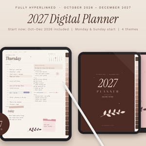 Peut inclure: Un agenda numérique 2027 de 577 pages, présentant une vue de planning quotidien sur écran de tablette, une couverture marron foncé avec un motif de feuilles et un stylet blanc. Le texte indique 2027 Digital Planner, Fully Hyperlinked, Oct 2026 - Déc 2027.
