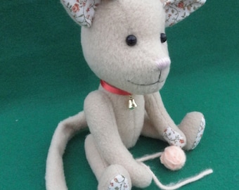 Tabitha Kitten, cream kitty with yarn ball, soft sculpture cat