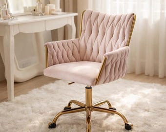 Velvet Swivel Desk Chair, Gold Hand-Woven High Back Vanity Office Seat